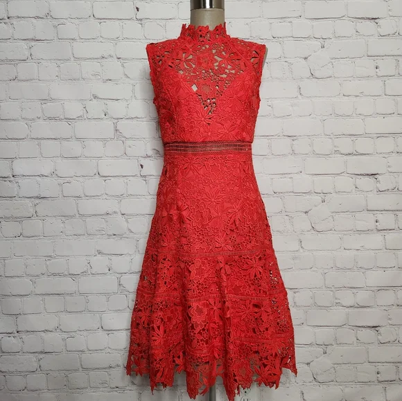 Bardot Elise Crochet Lace Dress in Poppy Red Sleeveless High Neck S/6 - Picture 4 of 15